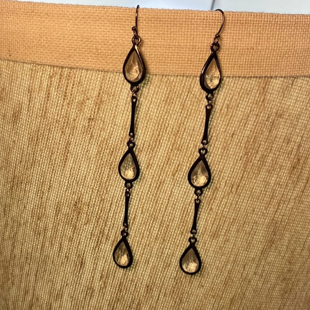 4” drop dangle earrings dark silver metal & clear crystal jewels 3 tier hanging - Picture 4 of 5